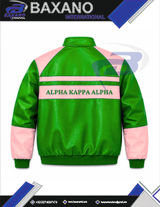 อัลฟ่า |   คาปา |   เสื้อแจ็คเก็ตวาร์ซิตี้สีเขียวชมพูสำหรับผู้หญิง ยี่ห้ออัลฟ่า โซโรริตี้  ตกแต่งด้วยหนัง PU  ซิปด้านหน้า  แขนเสื้อปักตัวอักษร  สไตล์เรซซิ่ง - Product Image 6