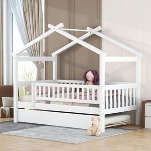 Letto a casetta in legno per bambini, misura singola, con letto estraibile bianco per bambini - Product Image 2