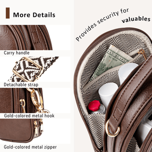 Borsa a Tracolla Regolabile per Donne, Colore Caffè, Borsetta da Petto con 2 Tasche con Cerniera, Piccola Borsa Porta Cellulare - Product Image 4