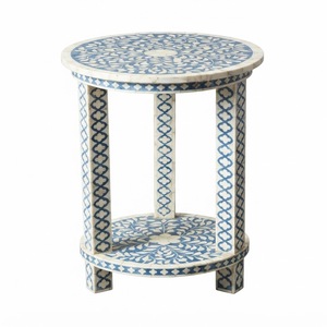 Mesa de centro redonda de lujo con incrustaciones de hueso a rayas blancas y negras hecha a mano con base de latón para muebles de hotel o villa. - Product Image 6