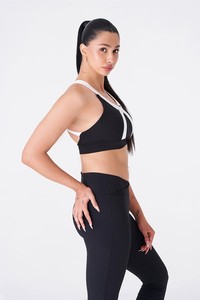 Sujetador deportivo de yoga negro de alto soporte con tiras cruzadas, cuello en V profundo, decoración de malla, material ecológico de spandex/poliéster - Product Image 4