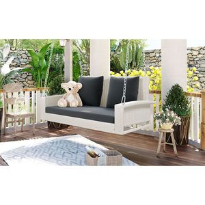 Banc suspendu en osier pour 2 personnes avec chaînes et coussin pour jardin, cour ou bassin - Product Image 4