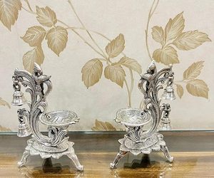 Modern Industrial German <b>Silver</b> Peacock Diya Pair with Hanging Bells Elegant Decorative Oil <b>Lamps</b> for Pooja Home Decor - Product Image 6