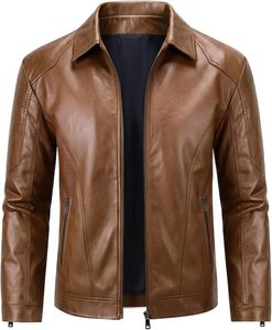 Men's <b>Slim</b> <b>Fit</b> PU Leather Moto <b>Jacket</b> Turn-down Collar Zipper Closure Solid Brown Regular Length Autumn Wear - Product Image 1