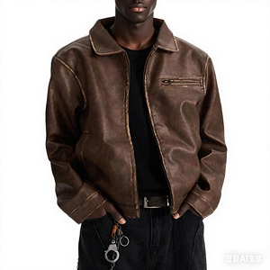 Custom Men's PU Leather <b>Jacket</b> Slim Boxy Vintage Style Embroidered Zipper Closure Brown Spring Season with Front Logo - Product Image 3