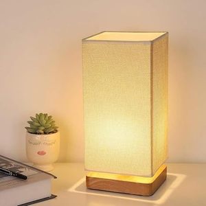 Lampe de table LED carrée moderne, abat-jour en tissu, base en bois, lampe de chevet, lumière blanche chaude, décoration d'intérieur - Product Image 2