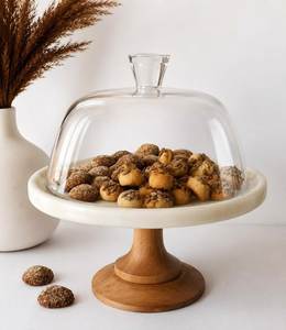Support à gâteau rond en marbre moderne et personnalisable avec base en bois et couvercle en verre, présentoir à dessert fait main pour fêtes, maison et hôtel - Product Image 4