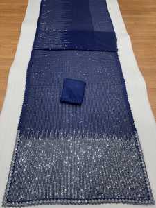 Sari indio elegante de georgette azul con bordado de encaje, estilo tradicional étnico de Bollywood para mujer. - Product Image 4