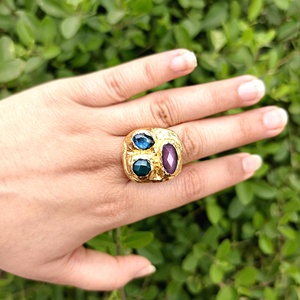 Bold fashion jewelry <b>ring</b> purple cat's eye labradorite green onyx texture metal brass <b>ring</b> 18k gold plated chunky <b>statement</b> <b>ring</b> - Product Image 2