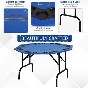 Mesa de Póker Octogonal de Fieltro Azul de 47 Pulgadas, Mesa de Juego Plegable para Blackjack para 8 Jugadores con Portavasos - Product Image 5