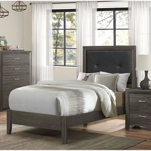 Letto Singolo dal Design Contemporaneo con Testiera Imbottita in Ecopelle con Bottoni, Finitura Grigio Scuro, Arredamento Camera da Letto in Legno - Product Image 1