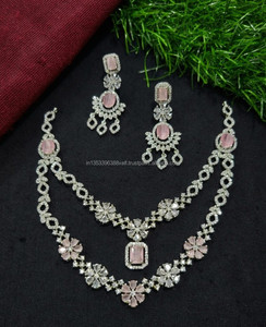 Classic American Ethnic Diamond Brass Bridal <b>Set</b> Two-Piece <b>Necklace</b> Earrings <b>Silver</b> Plated for Wedding Party Fashionable Style - Product Image 1