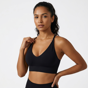 Soutien-gorge de sport noir à décolleté plongeant en V et dos croisé avec bretelles réglables – Haut d'entraînement - Product Image 5
