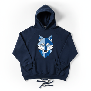 Sudadera con Capucha Oversize para Hombre, Estampado Geométrico de Lobo, Azul Marino Sólido, Estilo Urbano, Tejido Grueso, Corte Holgado, 100% Algodón - Product Image 1