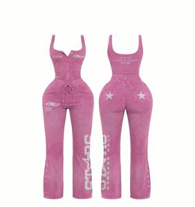 จั๊มสูทผู้หญิงสีชมพูเอวสูงสไตล์ Y2K สายเดี่ยวแบบสปาเก็ตตี้ ติดกระดุมด้านหน้า รูดเชือกปรับเอว ความยาวเต็มตัว ผ้าฝ้ายผสมสแปนเด็กซ์ - Product Image 1