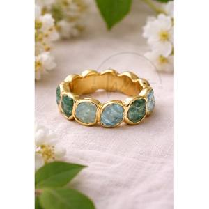 แหวนอะความารีนธรรมชาติทรงคลาสสิกประดับขอบทองชุบทองเหลือง แหวนเพชรพลอยทำมือสำหรับผู้ชายและผู้หญิง - Product Image 3