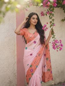 <b>Orange</b> Color Digital Printed Embroidered <b>Saree</b> With Lace Blouse Traditional Indian Wear - Product Image 3