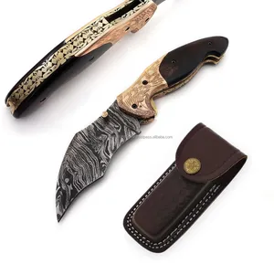 Premium Quality Folding Knife Handmade Damascus Steel Foldable Blade Hunting Pocket Knife Horn Handle EDC Camp Knife With Sheath