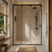 Système de porte de douche linéaire encadrée avec un panneau fixe et deux panneaux coulissants, cloison en verre trempé pour hôtel, villa, appartement