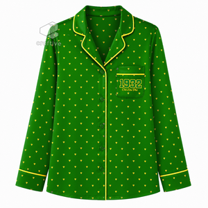 Chi Eta Phi Sorority Women's <b>Green</b> Heart Print Pajama Set Button Front Long Sleeve Notched Collar Contrast Piping Lounge Set PJs - Product Image 2