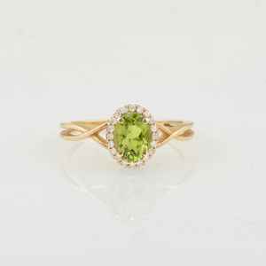 Bague de fiançailles en argent sterling 925 plaqué or 14 carats avec pierre précieuse péridot ovale verte, halo, bijoux fins - Product Image 6