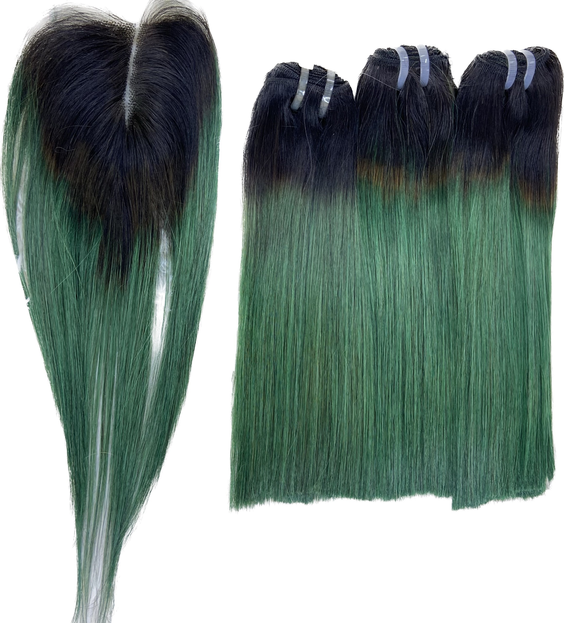 Black to Dark Green Full Head Clip in Extension Emerald Green Single Clip-In Coloured Highlights | Buy  main image 2