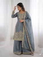 TENNECY Nuova Collezione Designer: Set Completo in Seta con Ricami Elaborati e Paillettes, Top e Dupatta per Uso Quotidiano