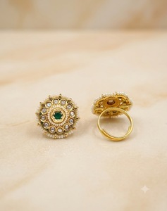 Flower Shape Stone Pearl Beaded Border <b>Adjustable</b> <b>Ring</b> Wedding <b>Ring</b> Gold Plated Traditional Ethnic Wear Fashion <b>Rings</b> Collection - Product Image 3
