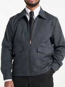 Navy Plaid Regular Zippered Casual Winter 100% <b>Wool</b> Blouson Jacket - Product Image 5