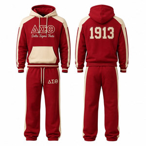 เดลต้า ซิกมา ทีต้า 1913 ชุดวอร์มมีฮู้ด สีแดง ผ้าฝ้าย ชุดลำลองแบบเต็มตัว พร้อมลายพิมพ์ตัวอักษรและกระเป๋าข้าง - Product Image 1