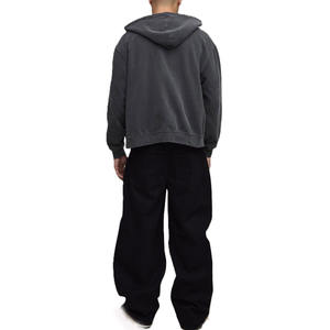 Men Washed Full Zip <b>Hoodie</b> Cotton <b>Fleece</b> <b>Oversized</b> Fit Vintage Streetwear OEM Manufacturing Wholesale Private Label Charcoal - Product Image 2