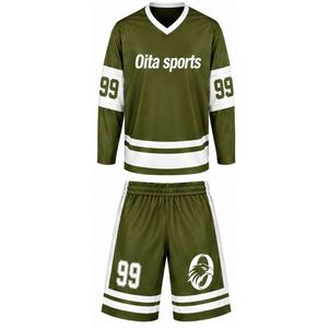 Ensemble de hockey sur glace sublimé vert olive pour hommes, maillot et short en polyester rayé, vêtements de sport d'équipe, tenue d'entraînement - Product Image 1