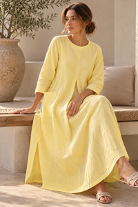 <b>Lemon</b> Yellow Solid Woven Loose Fit Maxi <b>Dress</b> for <b>Women</b> Collarless 3/4 Sleeve Pleated Front with Pockets Party Wholesale - Product Image 2