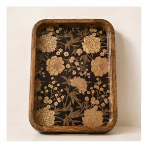 Plateau de service artisanal en bois de manguier avec motif floral doré, plateau décoratif en bois pour le thé, le café et les collations, pour la maison et l'hôtel - Product Image 4