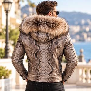 MenVLuxury Python Leather Jacket Fox Fur Hood Designer Motorcycle Bomber Biker <b>Coat</b> | Herren Lederjacke | Chaqueta Hombre Cuero - Product Image 2
