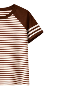 Camiseta Raglán Personalizada a Rayas Marrón Café y Blanco, de Algodón, Informal, para Verano, con Mangas en Contraste y Cuello Redondo, Fabricante OEM - Product Image 4