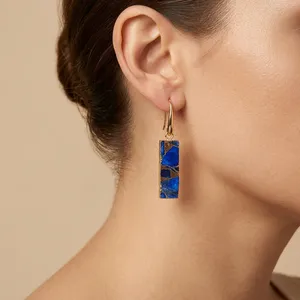 Boucles d'oreilles pendantes rectangulaires en turquoise cuivrée Mohave bleue, plaquées or 18 carats, faites à la main, bijoux géométriques en gros pour femmes - Product Image 1