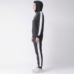 Women's Dark Gray Hooded <b>Tracksuit</b> <b>White</b> Side Stripes Full Sleeve Casual Sportswear Breathable Polyester Winter Wear Plus Size - Product Image 2