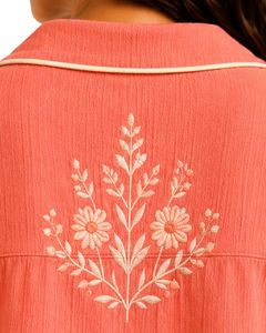 Conjunto de Pijama Rosa Coral para Mujer, Manga Corta, Algodón Popelina, Ropa de Dormir Bordada, Conjunto de Shorts con Botones, Cómodo para el Verano - Product Image 6