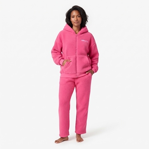 <b>Top</b> Quality <b>Women</b> Sherpa <b>Fleece</b> Full Zip Hooded Tracksuit Relaxed Fit Drop Shoulder Solid Color Winter Wear Two Piece Set - Product Image 1
