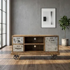 Meuble TV industriel en bois et fer sur roulettes, console multimédia rustique roulante, armoire de rangement, mobilier de divertissement - Product Image 2