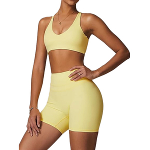 Conjunto de Yoga de 2 Piezas para Mujer, Amarillo, Cintura Alta, Top Corto sin Costuras, Pantalones Cortos Transpirables de Spandex y Poliéster, Ropa Deportiva - Product Image 1