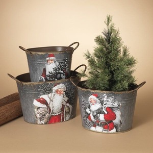 Traditional Metal Santa Decorative <b>Planters</b> Set of 3 with Christmas <b>Tree</b> Design - Product Image 1