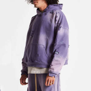 Premium Winter Streetwear Men's Solid Faded Cotton Distressed Wash Vintage Hooded Sweatpants Lightweight Hoodie Set Quick Dry - Product Image 3