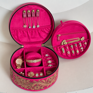 Estuche de Joyería de Cuero Rosa Floral Hecho a Mano, Caja de Almacenamiento de Joyería Redonda Portátil de Cuero Genuino de Vaca de Lujo para Mujer - Product Image 6