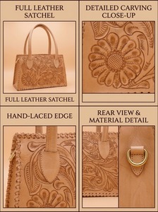 Sac fourre-tout décontracté en cuir véritable gaufré, brodé à la main, motif floral bohème, avec fermeture éclair, imperméable, écologique, portable, à porter à l'épaule - Product Image 2