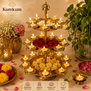 3-Layer Brass Metal Handmade Eco-Friendly Golden Diya Urli Standing Shape Pooja Stand Diwali Festival Wedding Home Decoration - Product Image 1