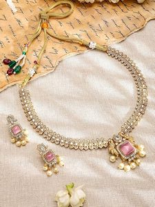 Ensemble collier et boucles d'oreilles en alliage de zinc plaqué argent, zircon rose, perles d'imitation, design floral, certifié par une tierce partie, bijoux pour femmes - Product Image 5
