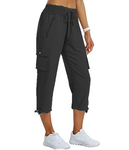 Pantalon Capri pour femme, taille haute, séchage rapide, coupe droite, jambe large, respirant, décontracté, uni, pour l'été - Product Image 1