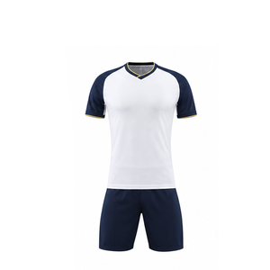 Maillot de football pour homme, blanc et bleu marine, à blocs de couleur, manches courtes, col en V, respirant, coupe athlétique, pour toutes les saisons - Product Image 1